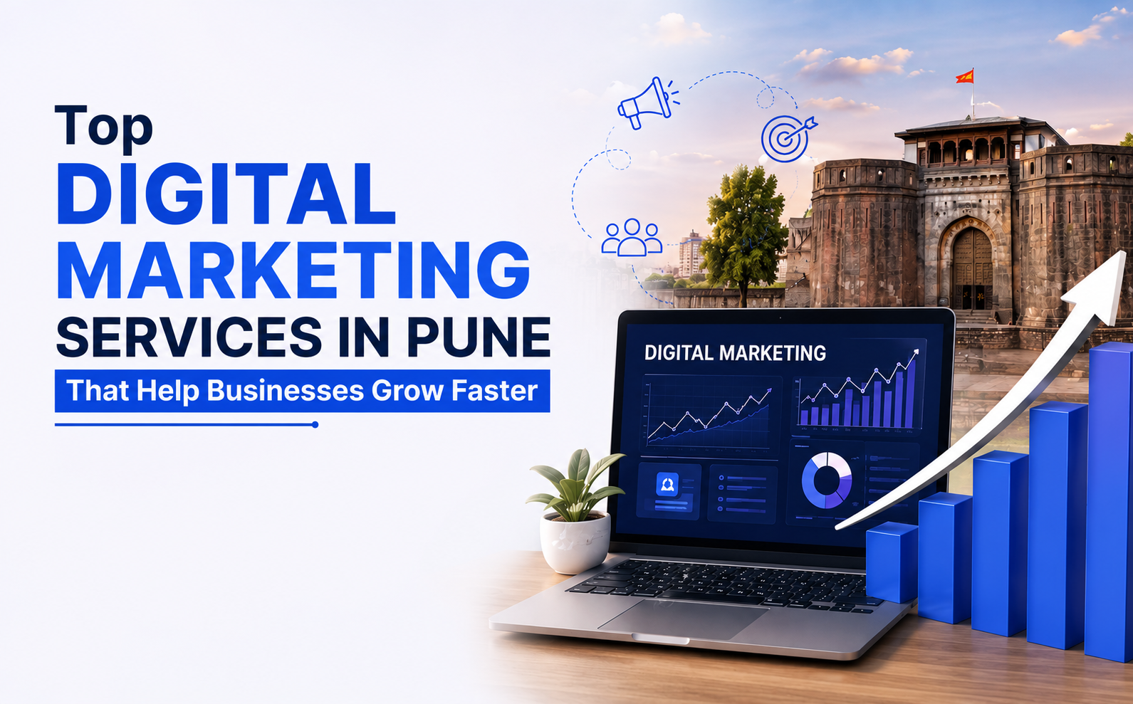 Top Digital Marketing Services in Pune That Help Businesses Grow Faster banner with digital marketing growth illustration.